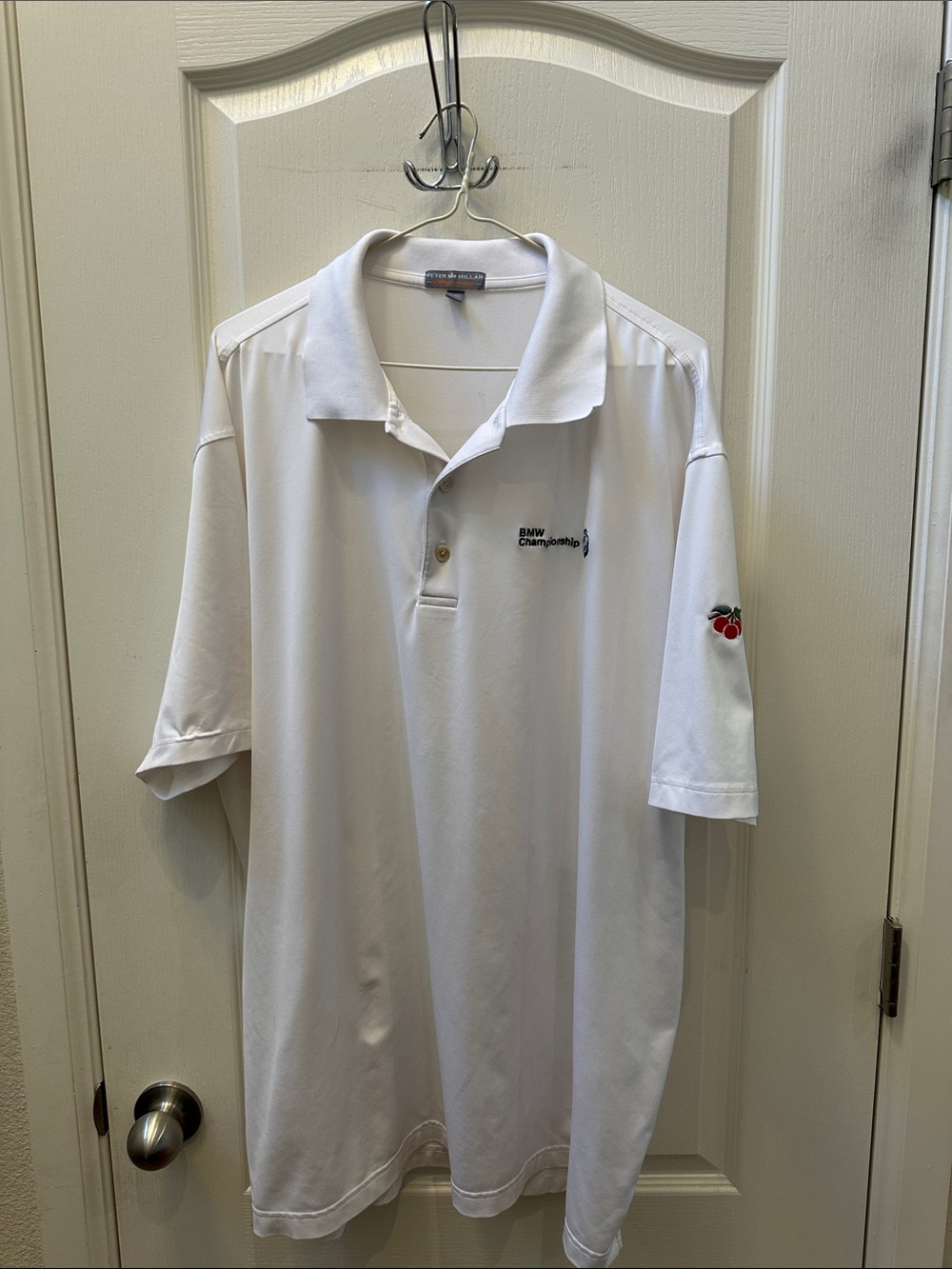 Peter Millar BMW Championship White Golf Polo with Red Cherry Sleeve Accent